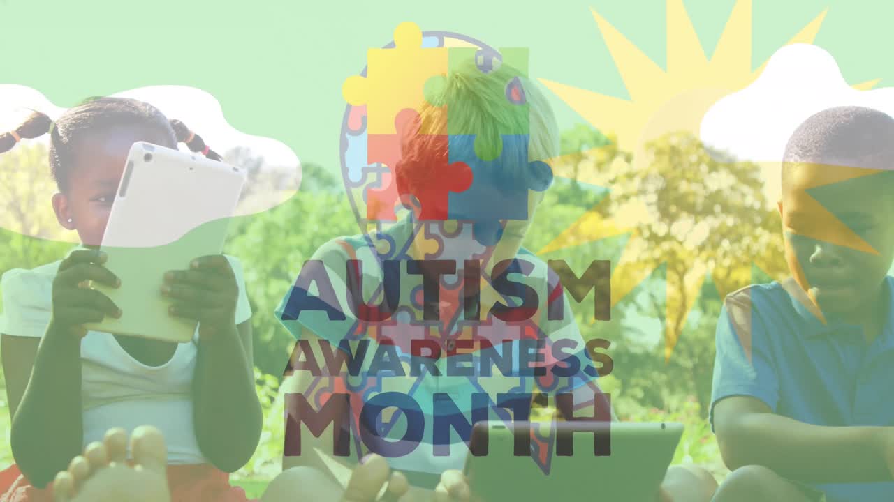 태블릿을 사용하는 학교 어린이들에 대한 다채로운 퍼즐 조각과 자폐증 텍스트의 애니메이션