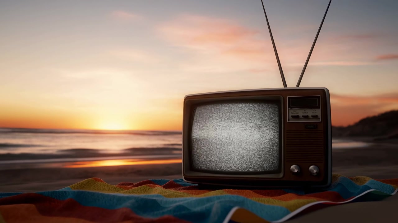 Televisore vintage con statico grigio poggia su un panno a strisce accanto a una tranquilla riva al tramonto, con antenne a 'orecchie di coniglio', orizzonte oceanico tenue, nuvole pastello, calda luce dorata e un'atmosfera retrò tranquilla
