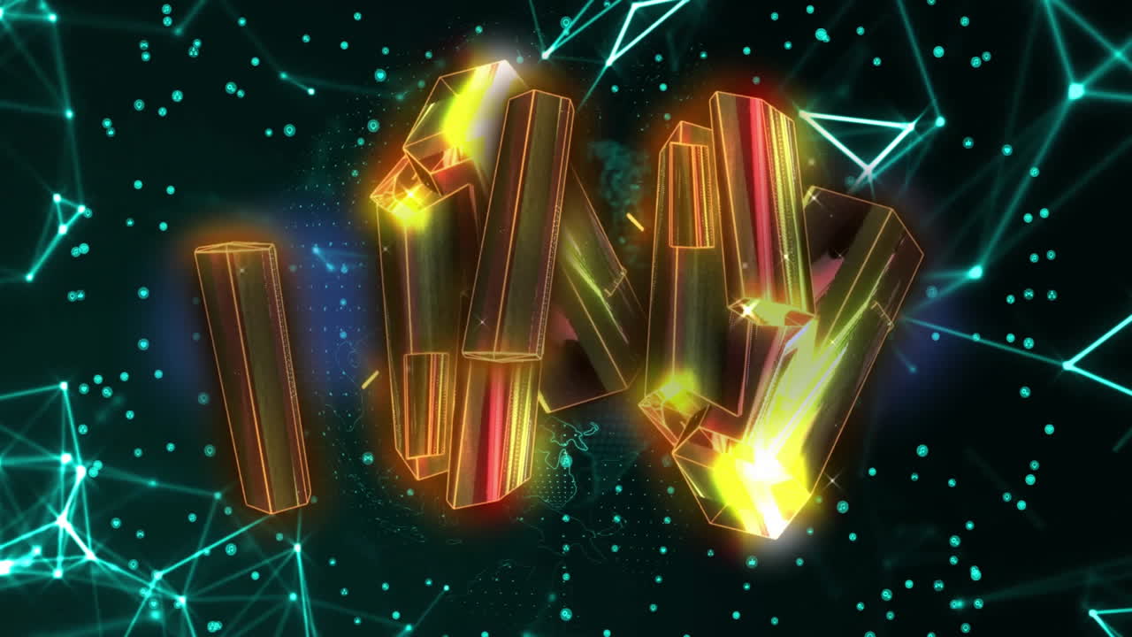 Glowing geometric shapes animation over network of connections and data points