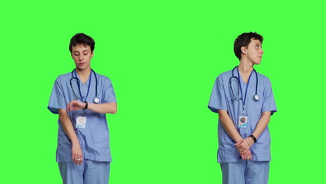 medical assistant being impatient against greenscreen backdrop