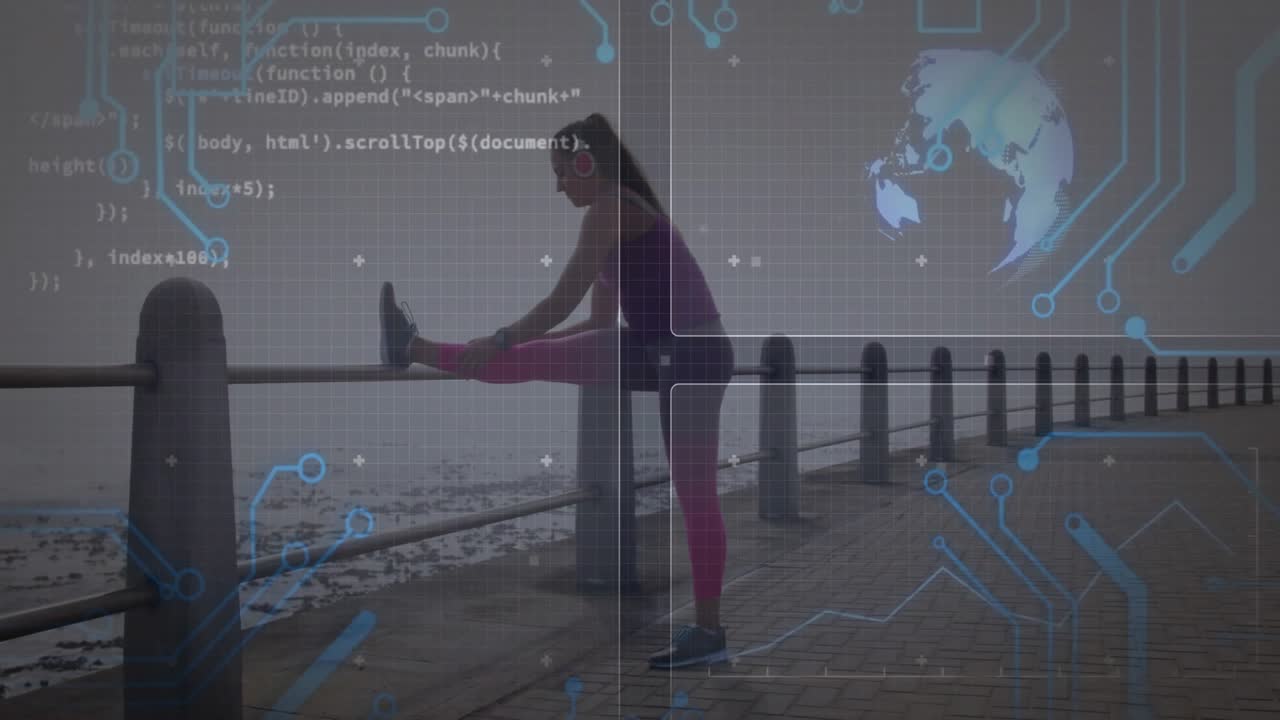 Woman stretching leg on waterfront railing while overlaying circuit grid and globe for fitness tech