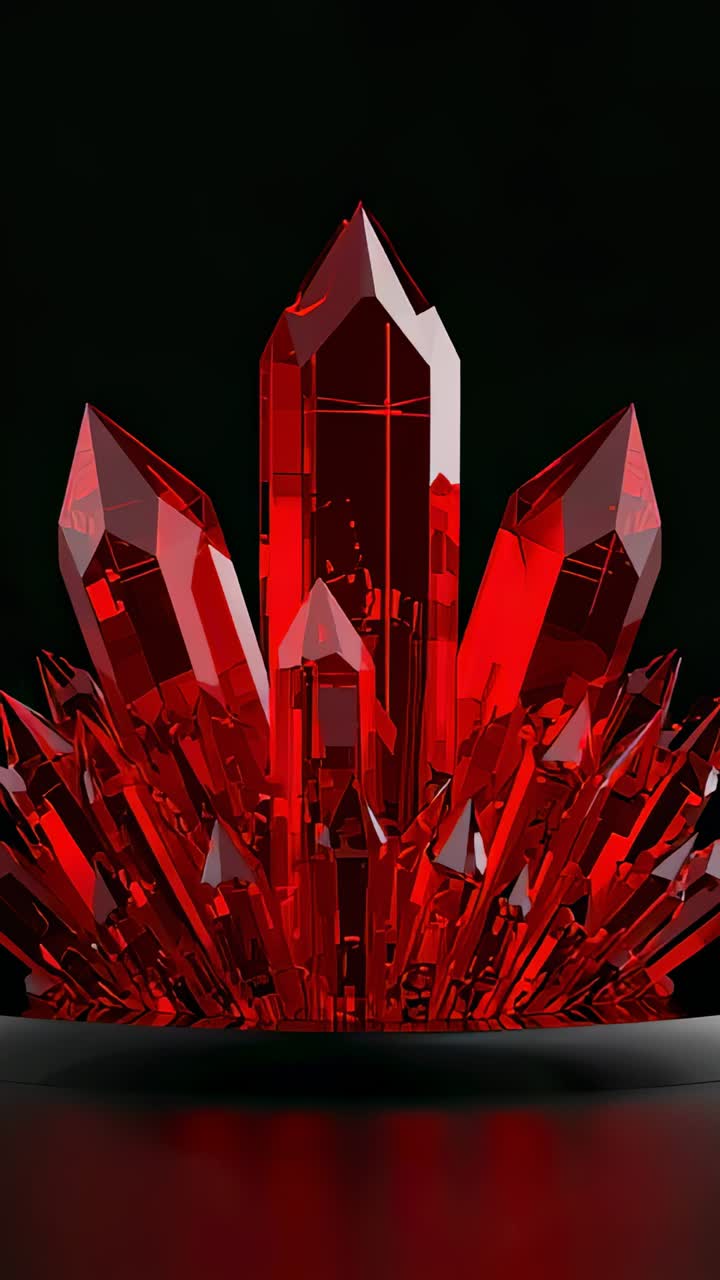 Vertical video: Zooming camera revealing red crystal cluster on black plinth, showing glossy facets