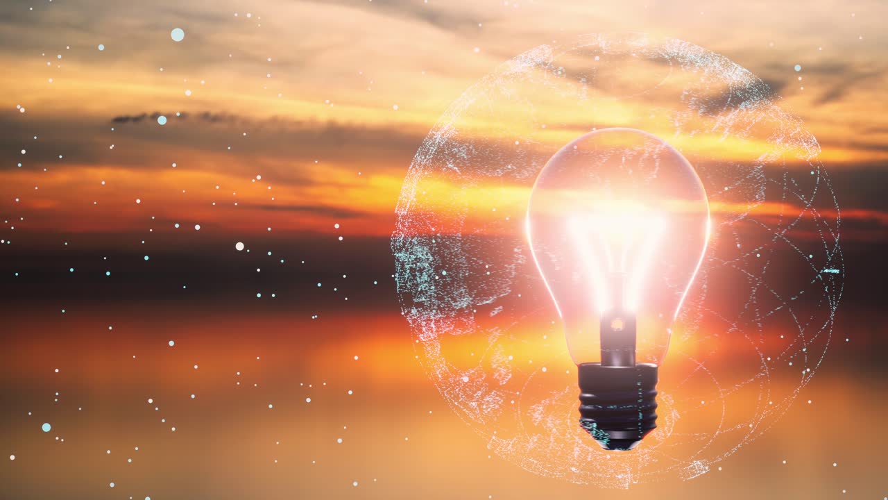 la bombilla eléctrica las conexiones brillantes en el fondo del atardecer. el concepto de la tecnología la innovación la inteligencia artificial la lluvia de ideas el éxito empresarial.