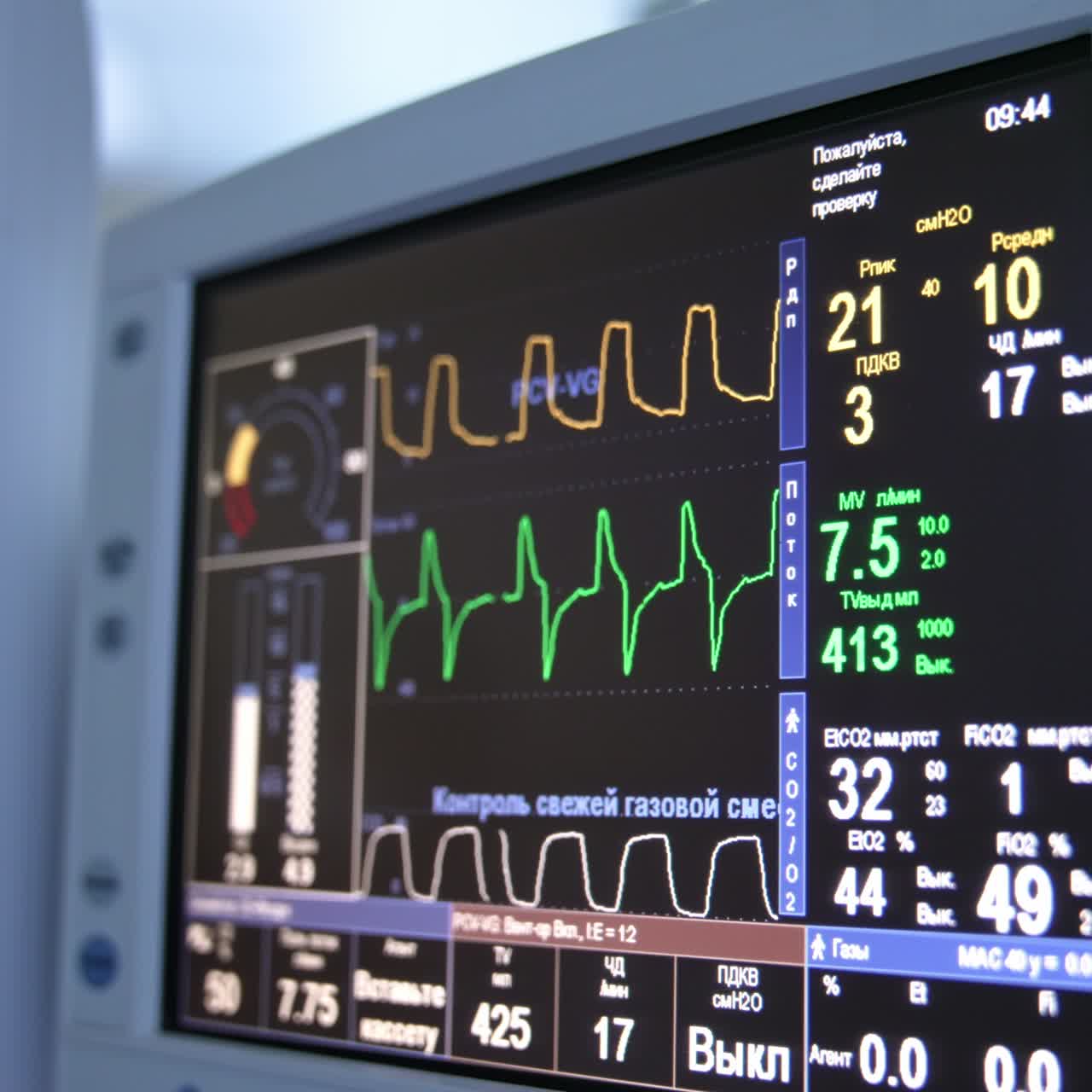 Patient's life parameters depicted on the monitors of surgery room during operation. Checking life and health condition of a person under surgery. Close up