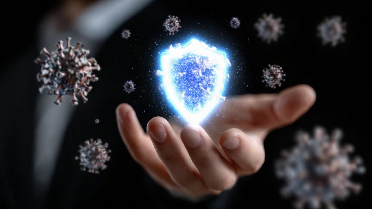 A Hand Reaching Out with a Digital Shield Signifying Protection Against Viruses, Symbolizing Health Security and Advanced Defense Mechanisms in a Modern Context
