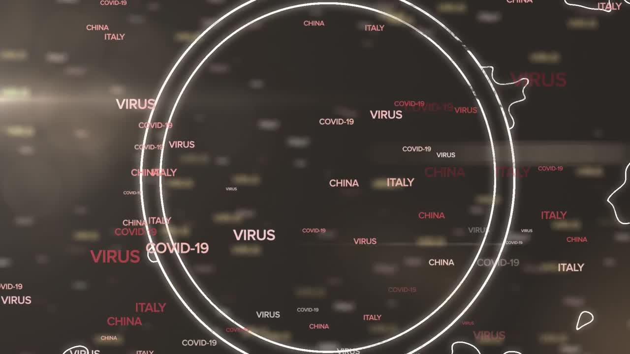 animación de caída múltiple texto de covid 19 y alcance sobre fondo negro