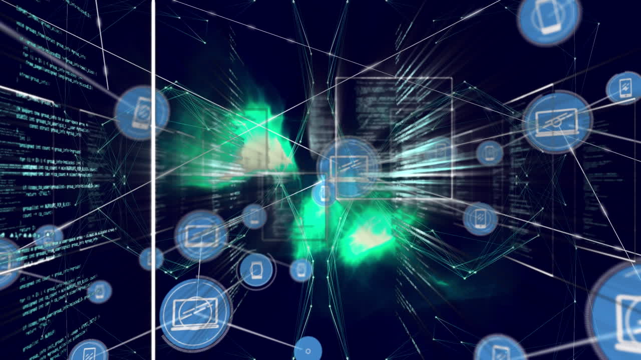 Animation of digital circles, computer and phone moving icons connecting with lines over database