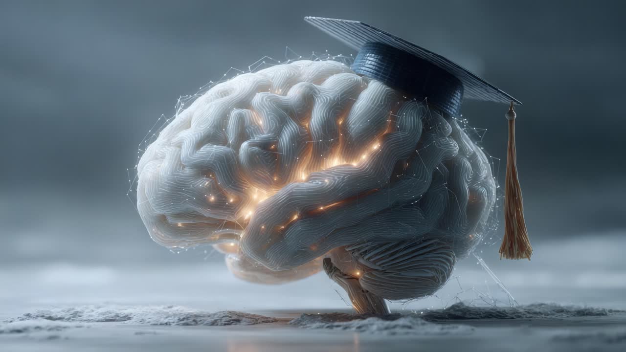 A Visually Striking Representation of an Illuminated Brain Wearing a Graduation Cap, Symbolizing Knowledge, Learning, and the Journey of Education in an Abstract Setting