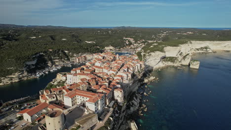 aerial view of small village by water