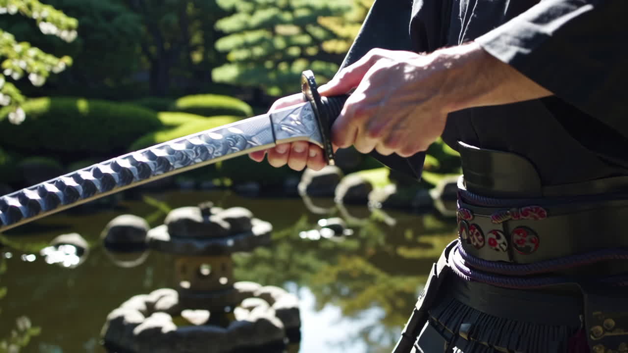 Samurai with Katana in Japanese Garden