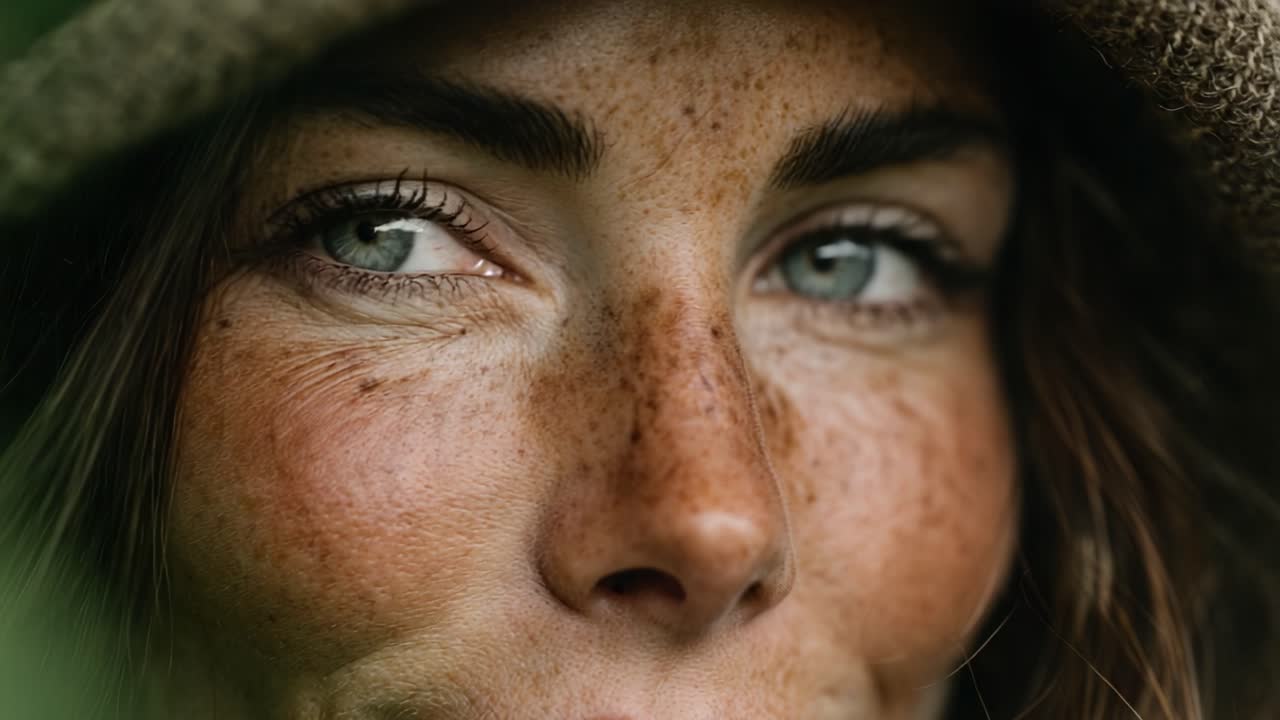 Primo piano di una donna con lentiggini e penetranti occhi azzurri, catturata in luce naturale, che enfatizza i suoi tratti espressivi e la sua bellezza naturale