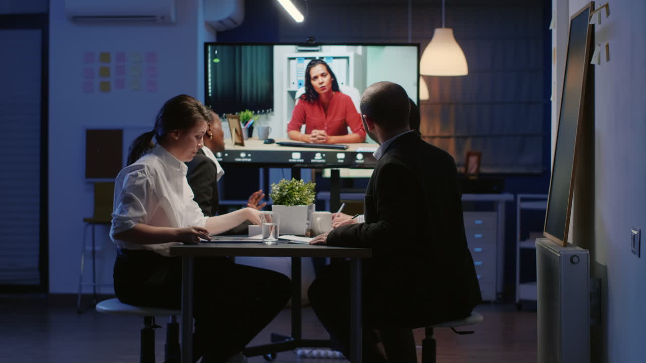 Diverse multi ethnic teamwork having online videocall conference working at management strategy