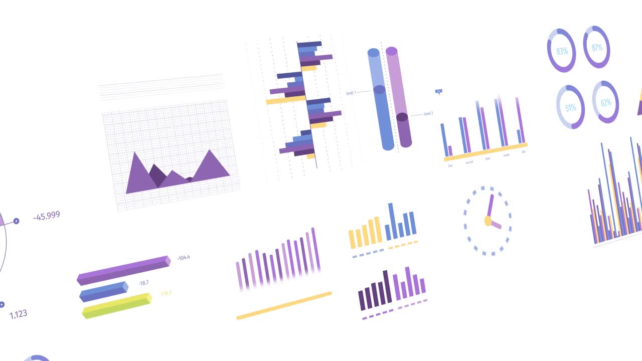 Animation of statistics, graphs and financial data processing over white background