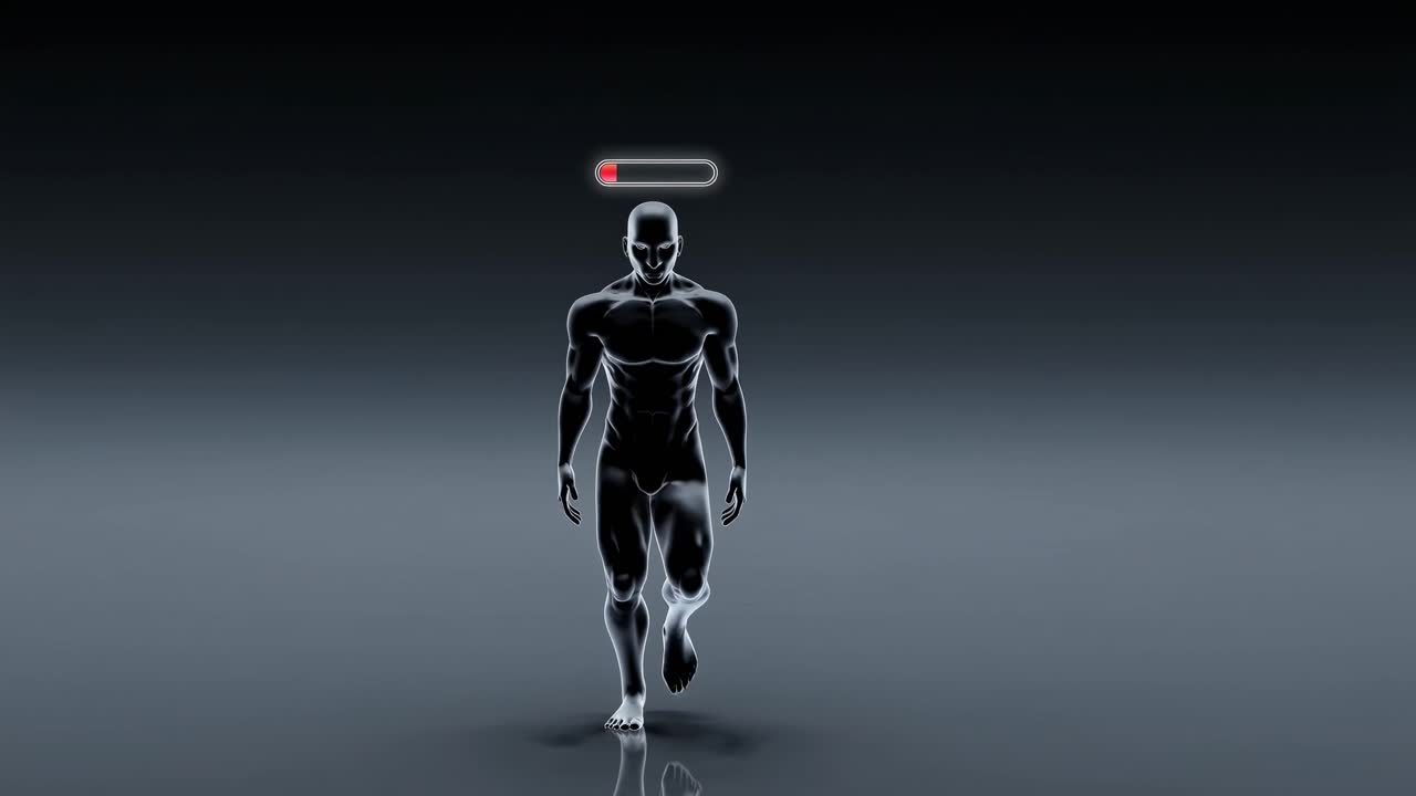 Digital humanoid character moving slowly with glowing energy level progress bar, visualizing complete physical and mental exhaustion during performance decline process