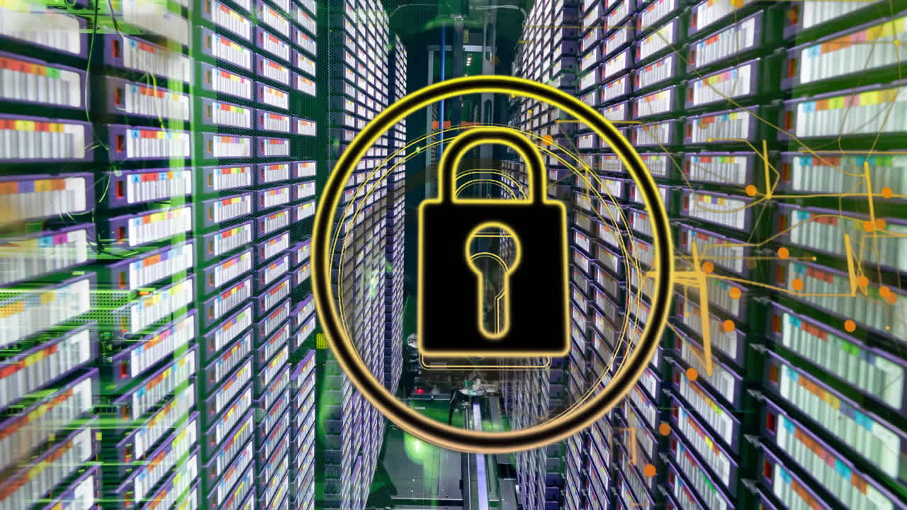 animación de formas y candado sobre la sala del servidor