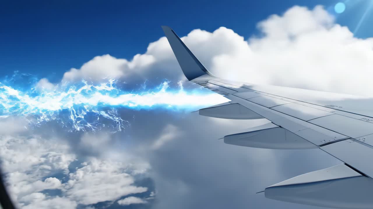 Airplane wing view with lightning and clouds
