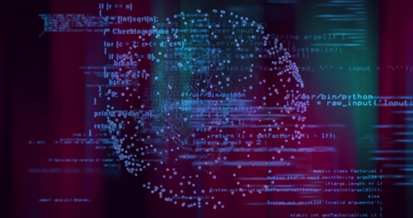 光るドットネットワークが球体を形成し、シアンの光線がコードをスキャンしながら流れ、回転してデータを視覚化する様子。