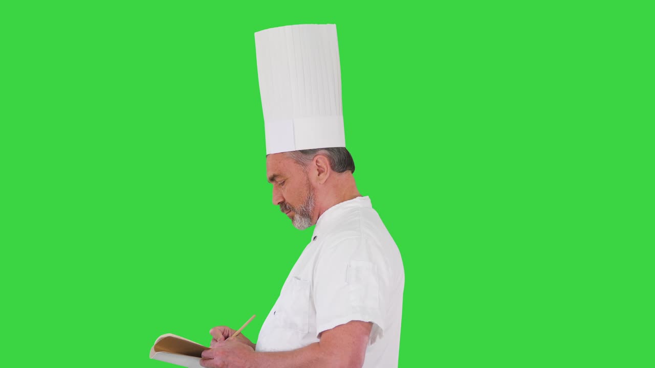 Chef uomo che prende appunti su schermo verde, Chroma Key.