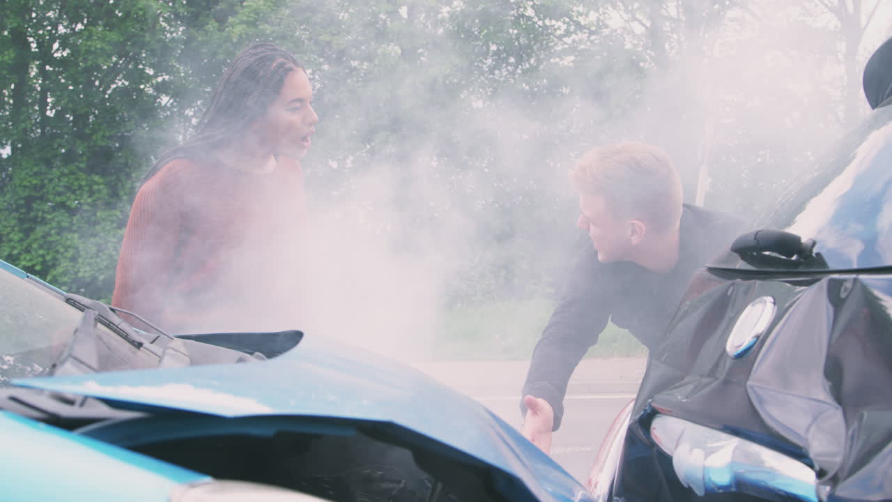 두 명의 분노한 자동차 운전자들이 자동차 사고에 대한 책임을 놓고 논쟁하고 있습니다.