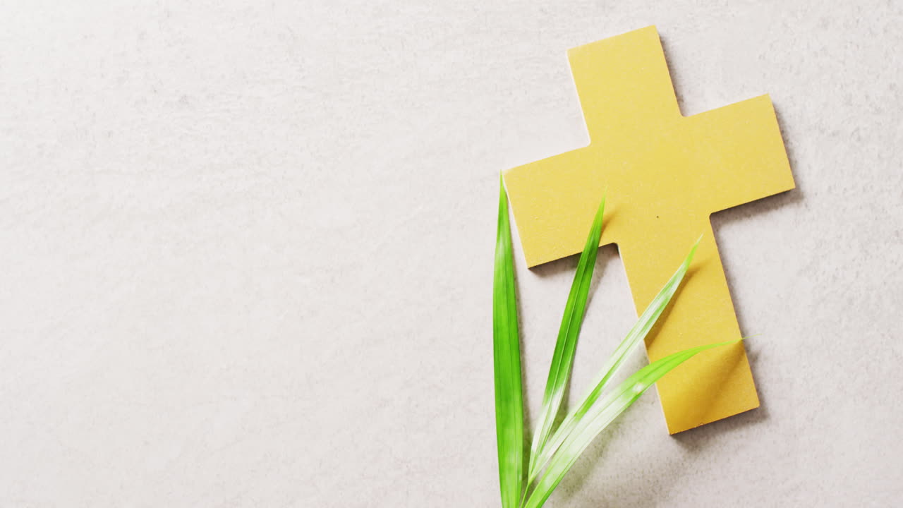 video de hojas de palma de domingo y cruz cristiana amarilla en fondo blanco con espacio de copia