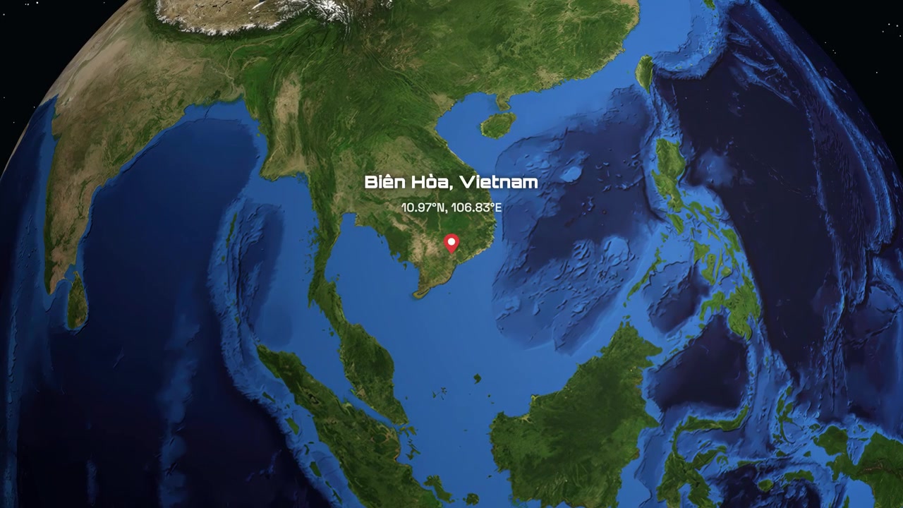 การหมุนของโลกแบบ 3 มิติและซูมไปยังตำแหน่งที่ตั้งเบียนฮวา ประเทศเวียดนาม