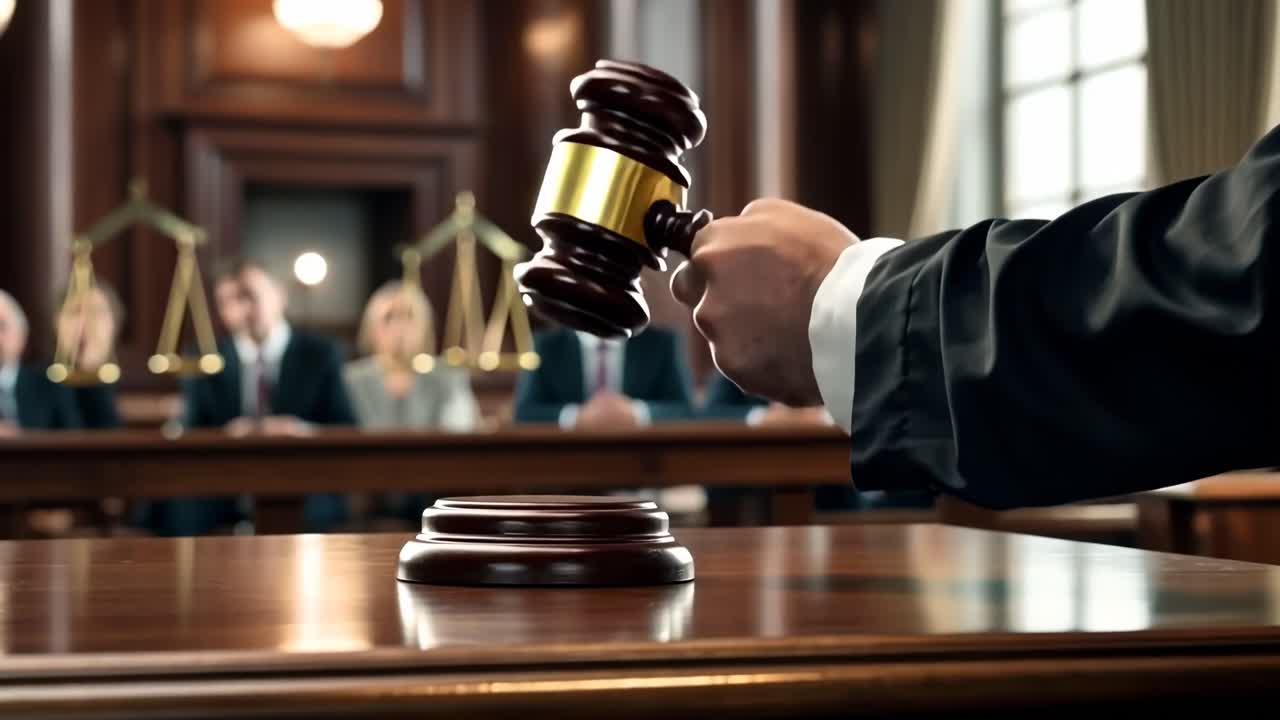 Close-up, low-angle shot of a judge's gavel striking a desk in a courtroom, conveying authority