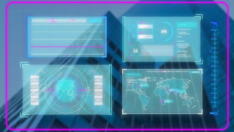 animation of digital data processing on screens over cityscape