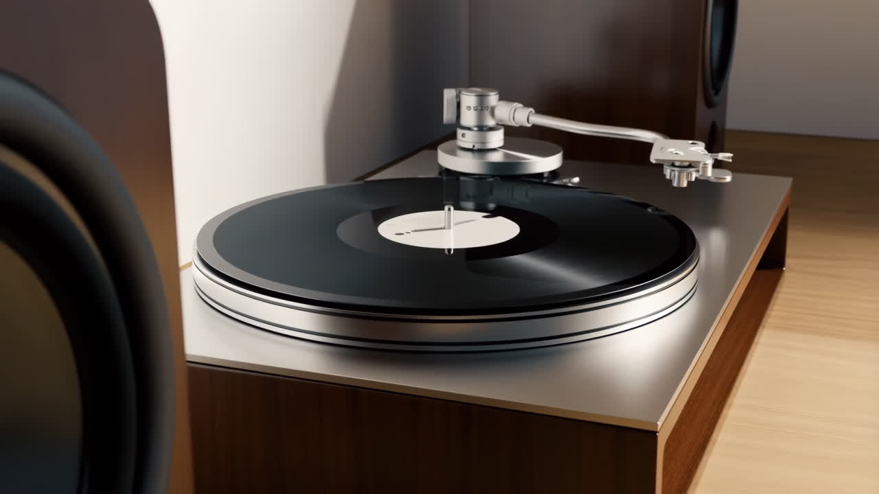 Close-up of a turntable with a vinyl record and speaker