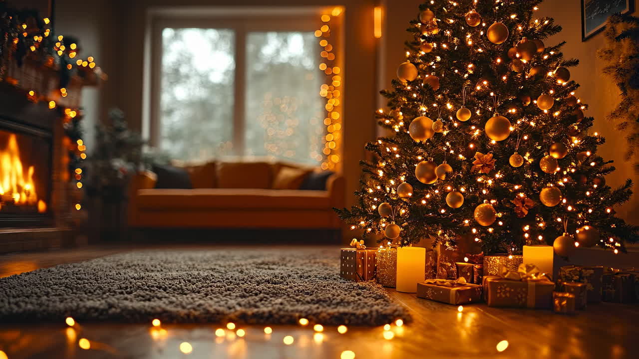 Cozy holiday room with tree. A warm living room features a beautifully decorated Christmas tree surrounded by gifts and glowing lights