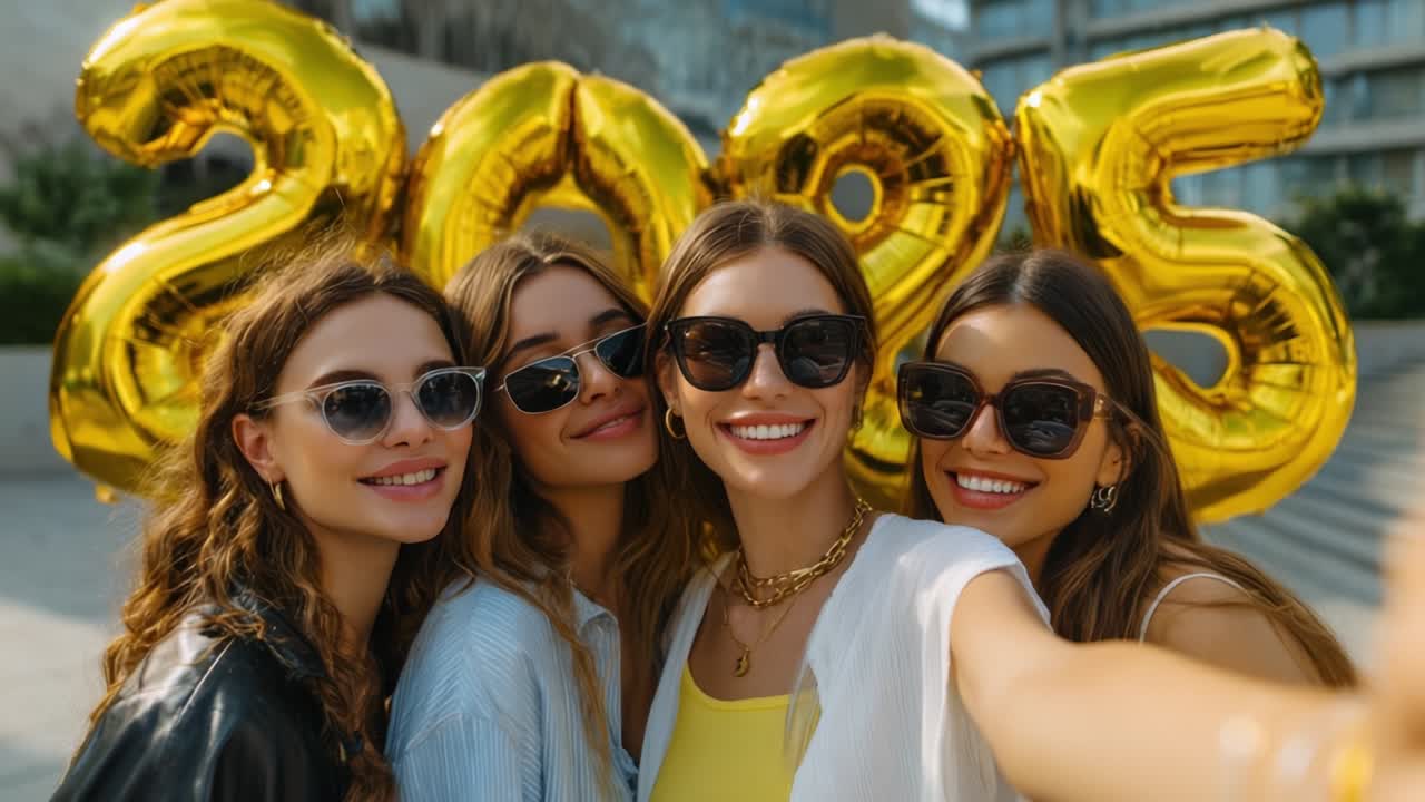 A Joyful Celebration of Friendship and New Beginnings as Four Young Women Pose Together with Vibrant Golden 2025 Balloons in a Fun, Sunlit Outdoor Setting, Capturing a Moment of Happiness and Togetherness