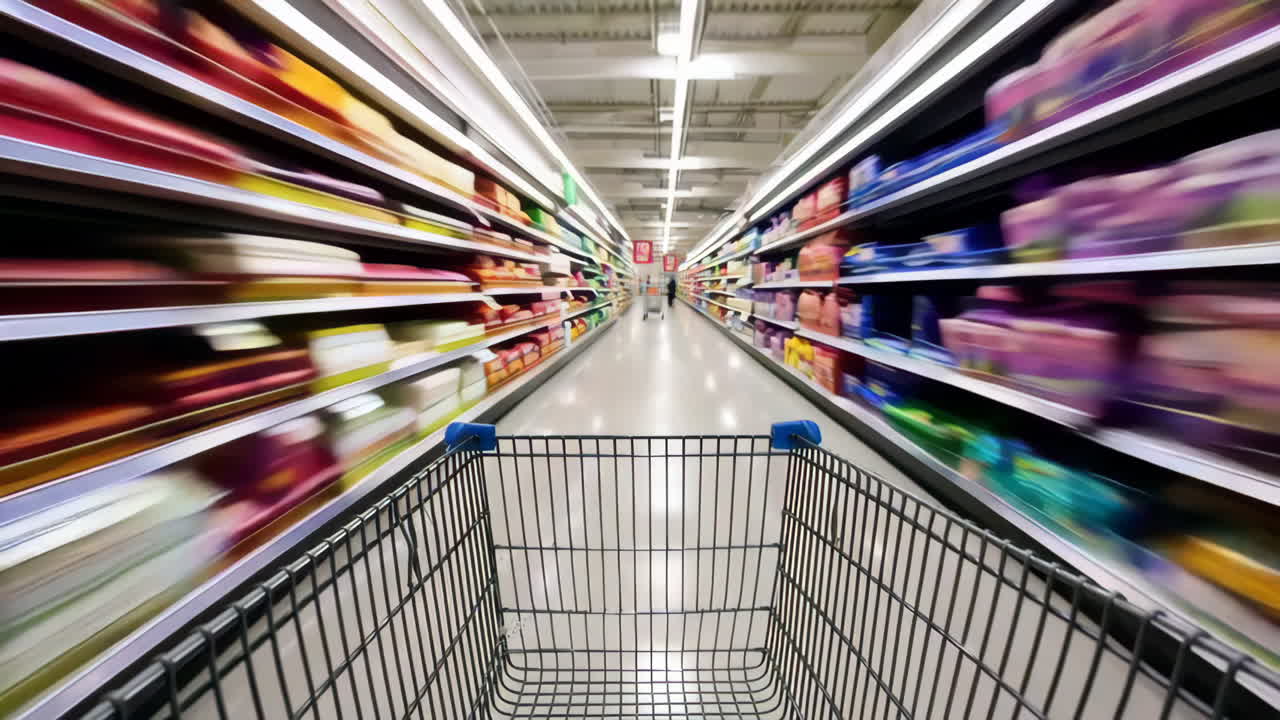 Empty Shopping Cart in a Fast-Paced Supermarket
