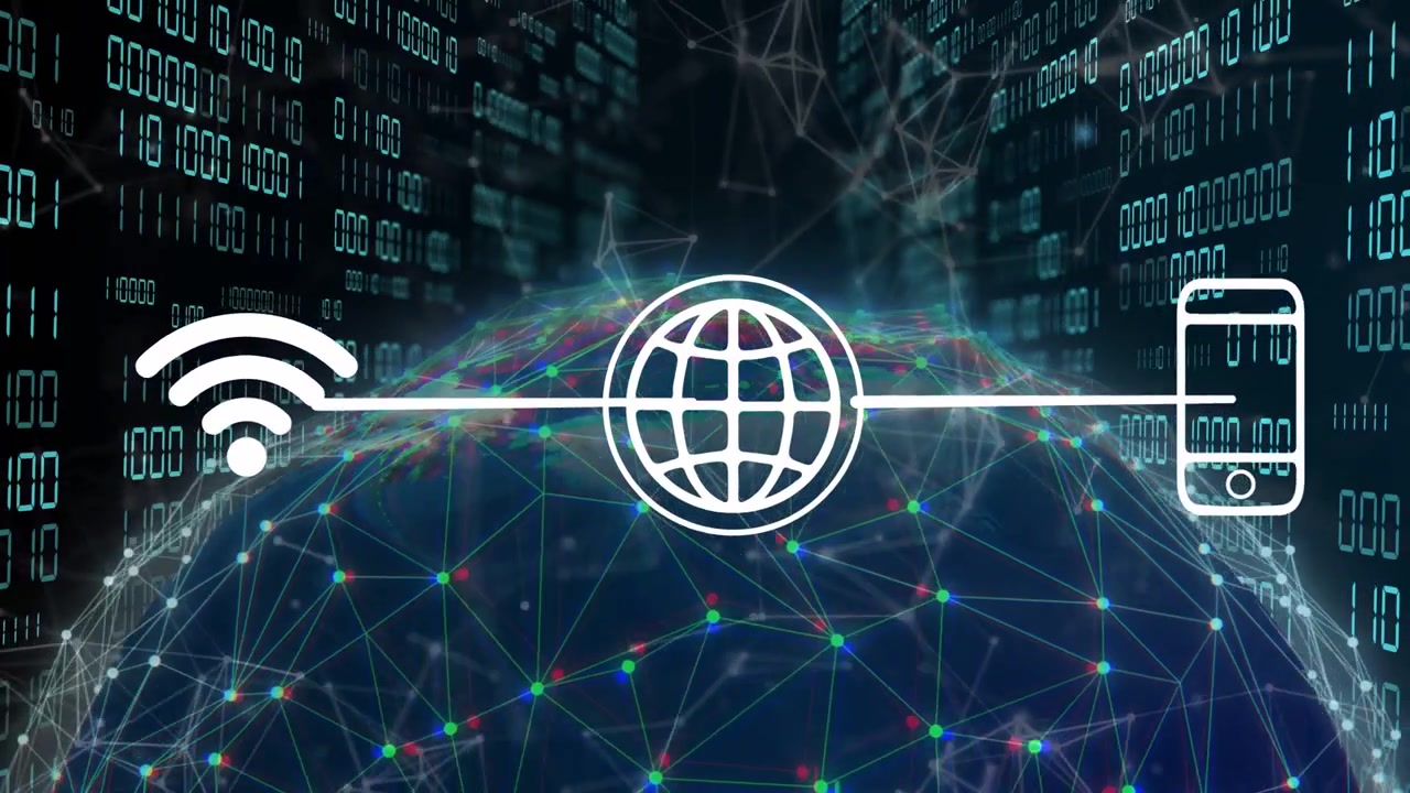 Playback starting, network line connecting Wi?Fi globe smartphone, nodes pulsing, showing data flow