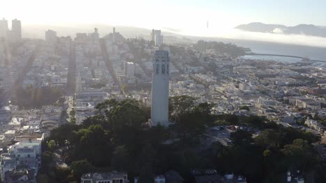 aerial, san francisco coit tower and cityscape, panning right drone 04