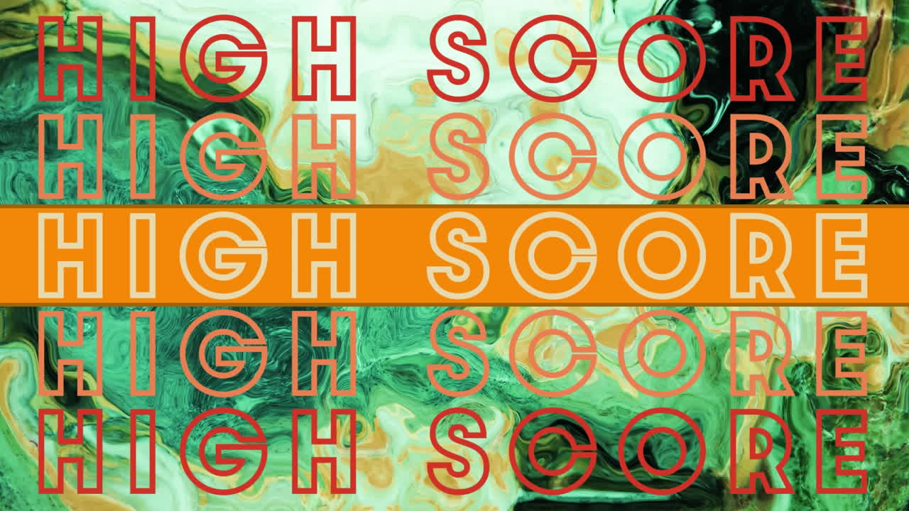 Animation of orange text high score, repeated over swirling green and white background