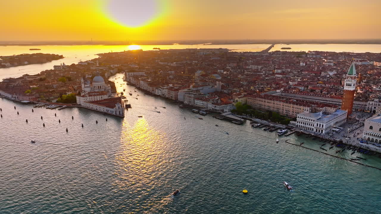 Aerial drone view of Venice City, Italy at sunset
