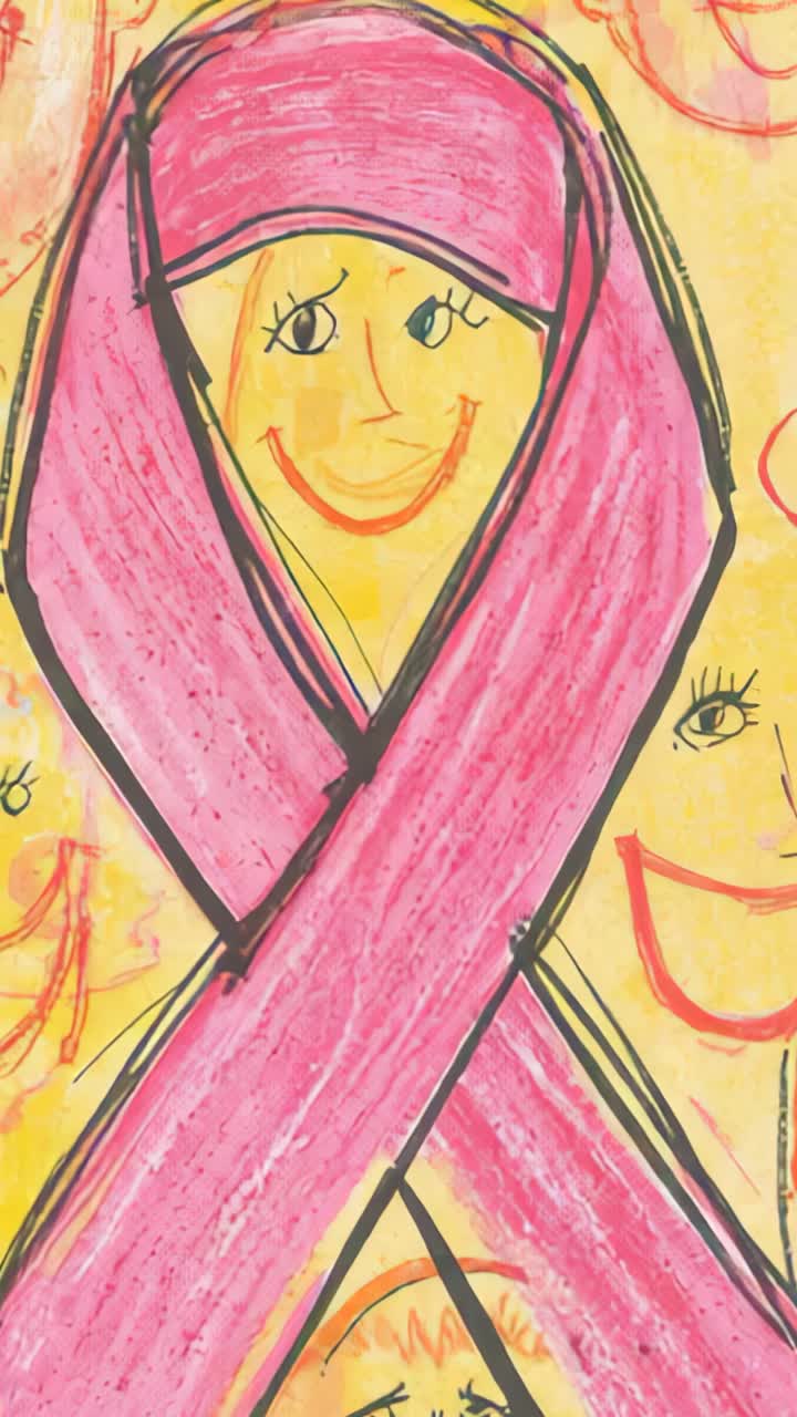 Vertical video: Looping pink ribbon art hosting smiling face wearing scarf on paper with faces