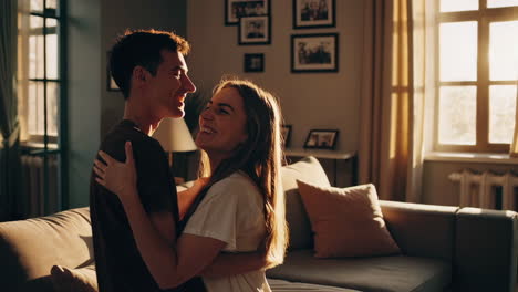 Happy Couple Hugging in Living Room