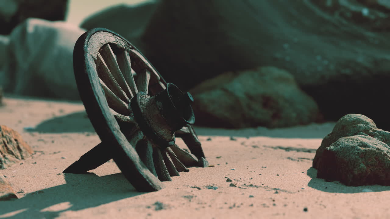 старое деревянное колесо тележки на песчаном пляже