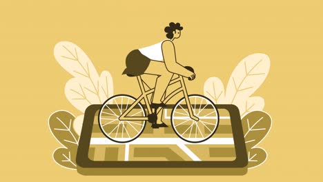mujer de estilo amarillo personaje plano velocidad montar bicicleta con teléfono inteligente. animación de bucle aislado con alfa importa