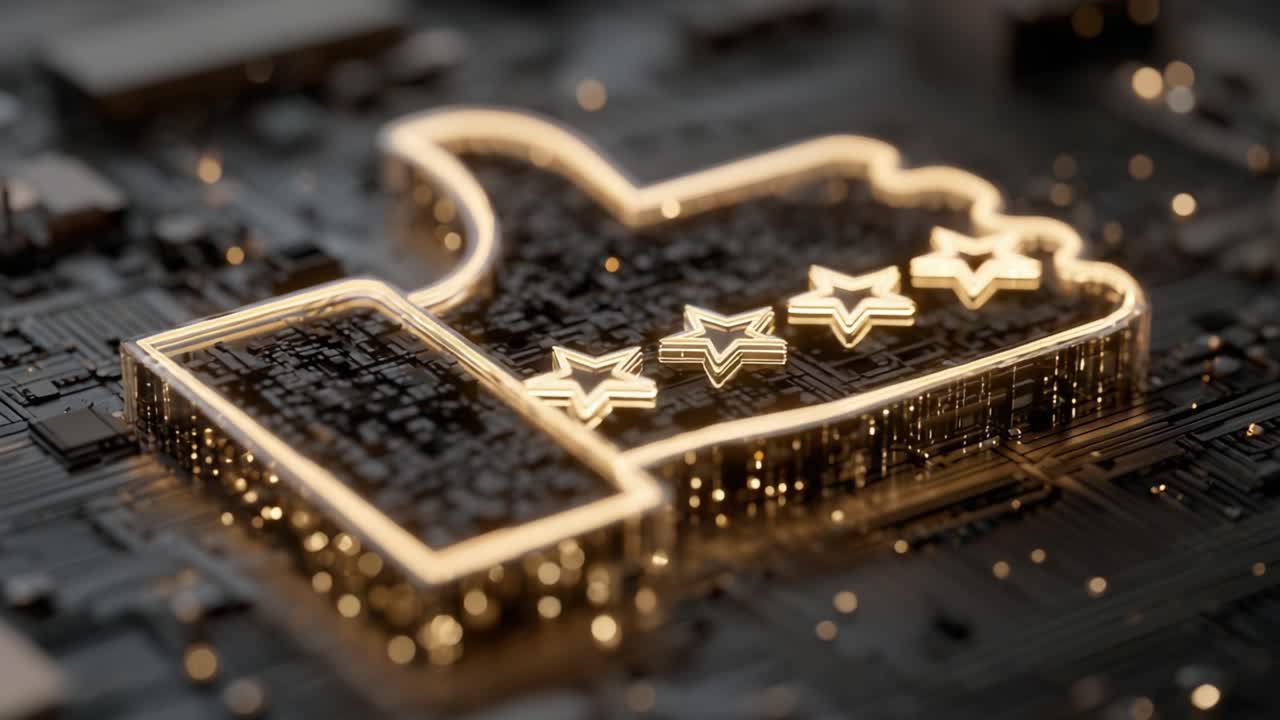 Illuminated Thumbs Up Icon with Stars on a Circuit Board Background Representing Digital Approval and Positive Feedback in a Modern Technological Context