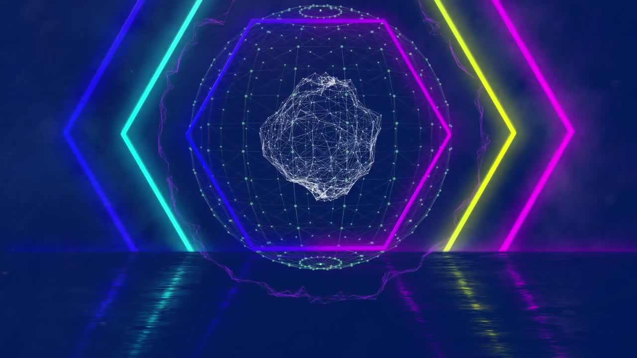 반 ⁇ 이는 네온 육각형으로 연결된 회전하는 지구의 애니메이션