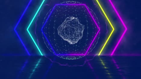 Animation-of-spinning-globe-of-connections-with-glowing-neon-hexagons