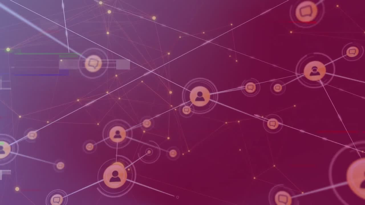 animación de la interferencia sobre la red de conexiones con iconos en fondo rojo.