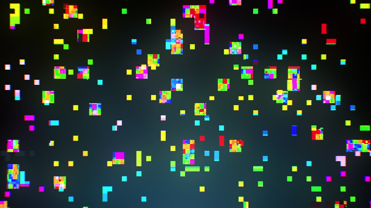 abstractos bloques de glitch coloridos en fondo negro. distorsión rota mala pantalla de video transición glitchy. cuadrados de brillo de color. bucle sin costuras