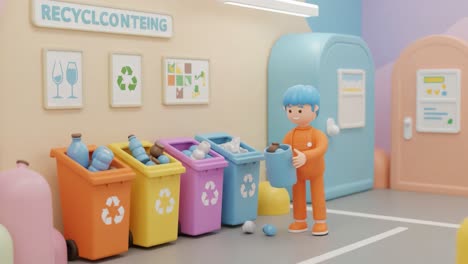playful animation depicts character engaging in recycling efforts amidst colorful waste bins and informative posters in a whimsical environment