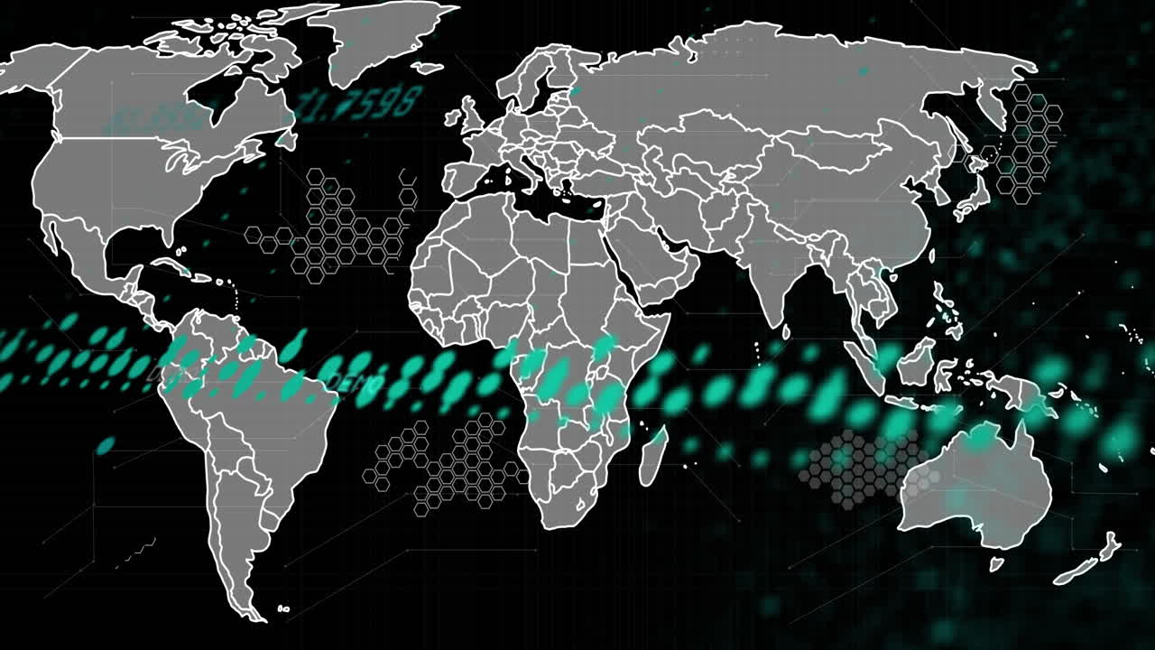 검은 배경에 대한 세계 지도 위의 데이터 처리 애니메이션