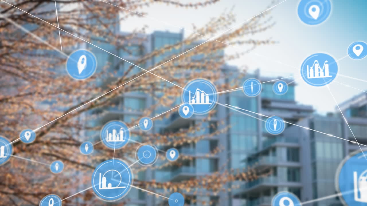 animación de la red de conexiones con iconos sobre el paisaje urbano