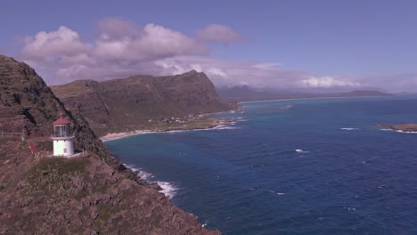 Aerial-view-of-Makapuu-Lighthouse-on-Oahu,-Hawaii-on-a-sunny-day