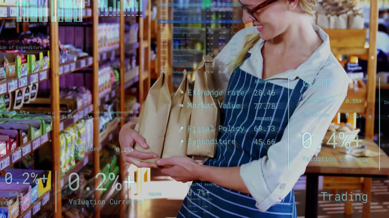 Shop worker adjusting brown paper bags in grocery aisle as animated charts appearing, showing sales