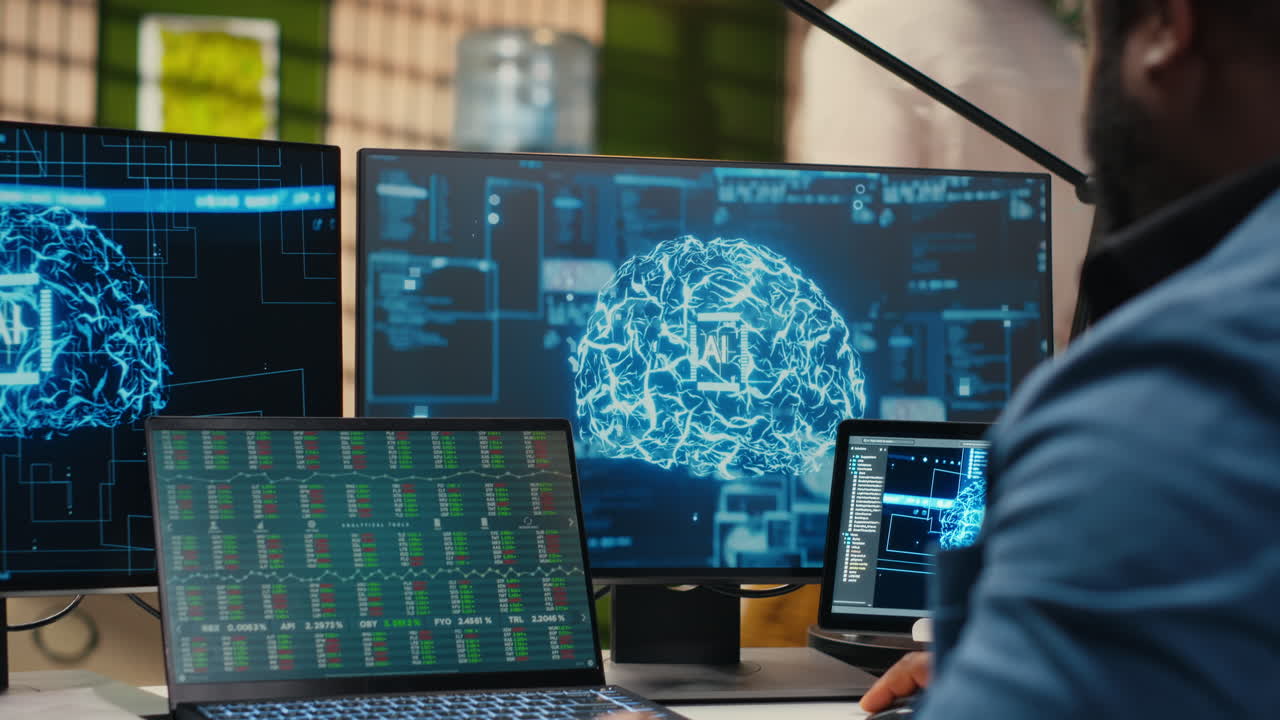 Vertical Video Black man IT expert handles neural networks systems for data forecasting